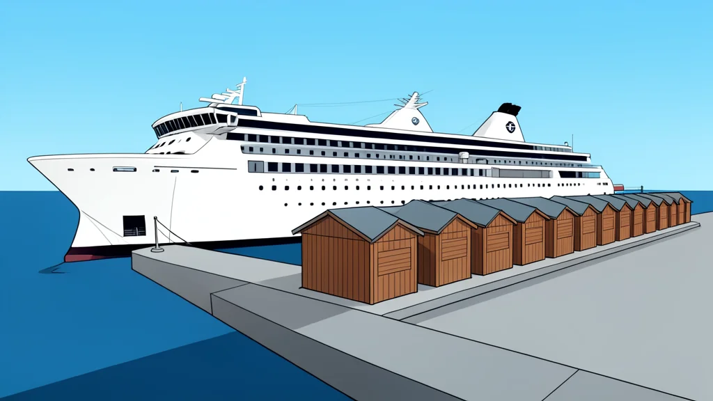A large white cruise ship docked at a harbor pier next to a row of small wooden cabins