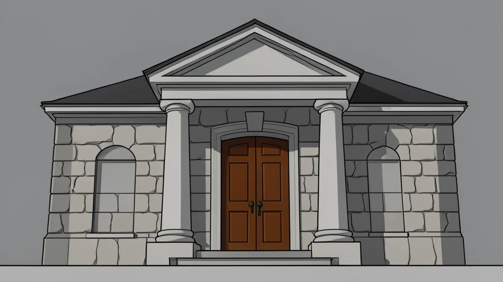 A stone courthouse facade with tall columns and a heavy wooden door, set against a grey sky.
