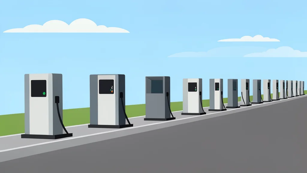 A row of sleek, modern electric vehicle charging stations standing along a quiet highway median under a clear sky
