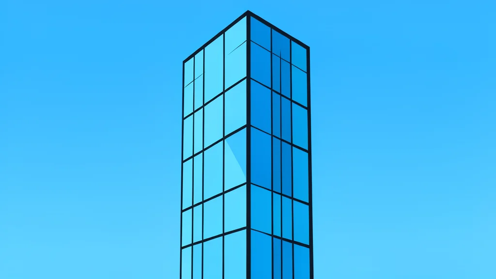 A modern glass skyscraper reflecting a clear blue sky