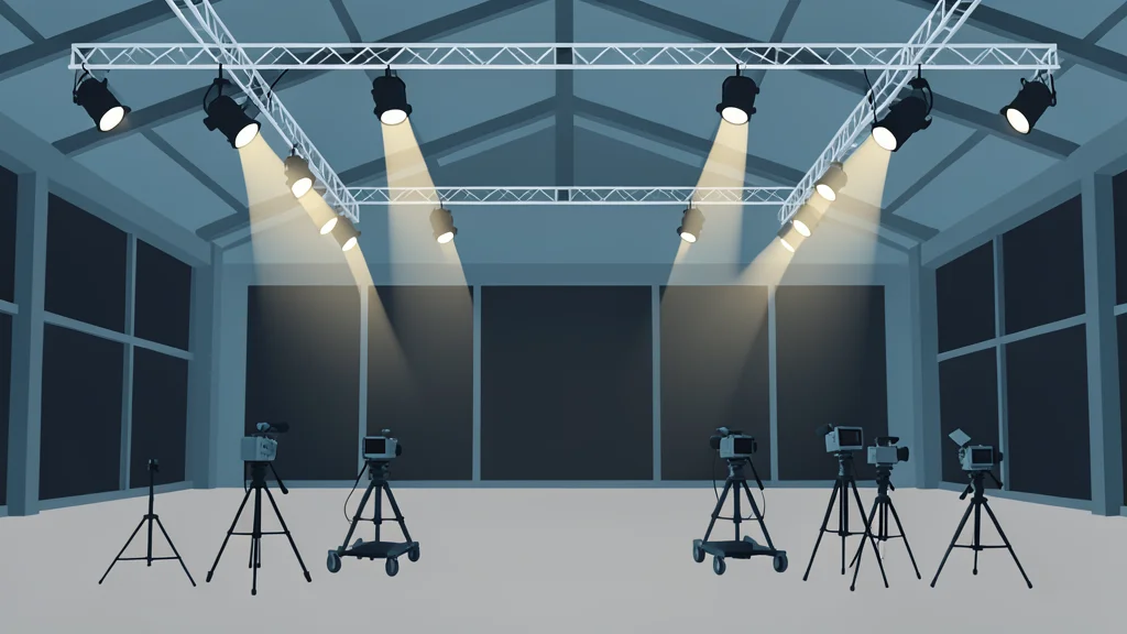 A large, empty event production studio with professional lighting rigs and camera equipment