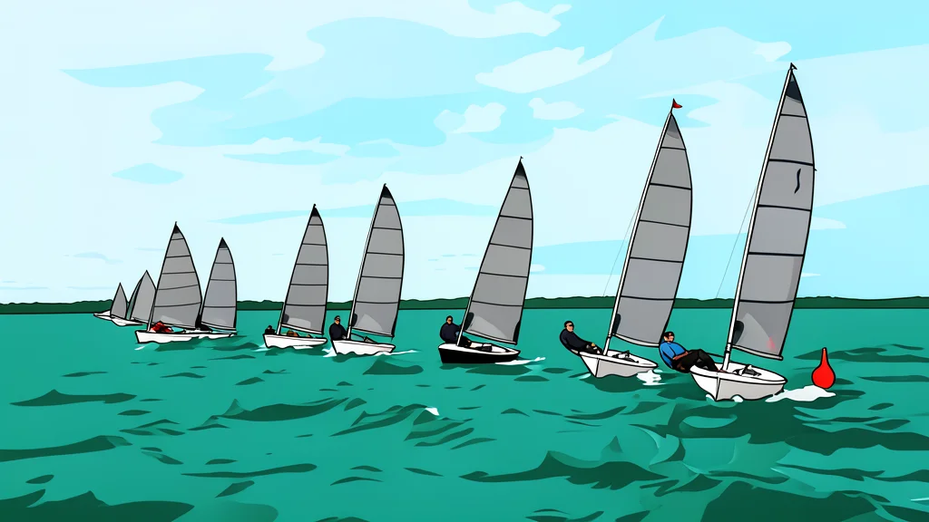 A small white dinghy with a single mast and sail resting on a grassy bank near a calm harbor entrance.