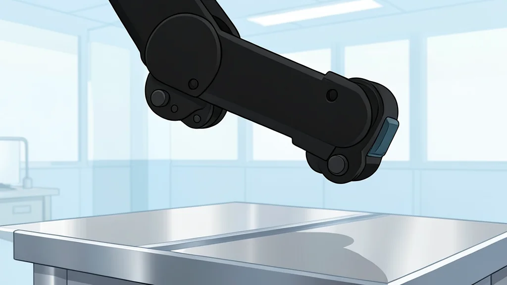 A flat vector illustration of a humanoid robot standing next to a conveyor belt on a factory floor