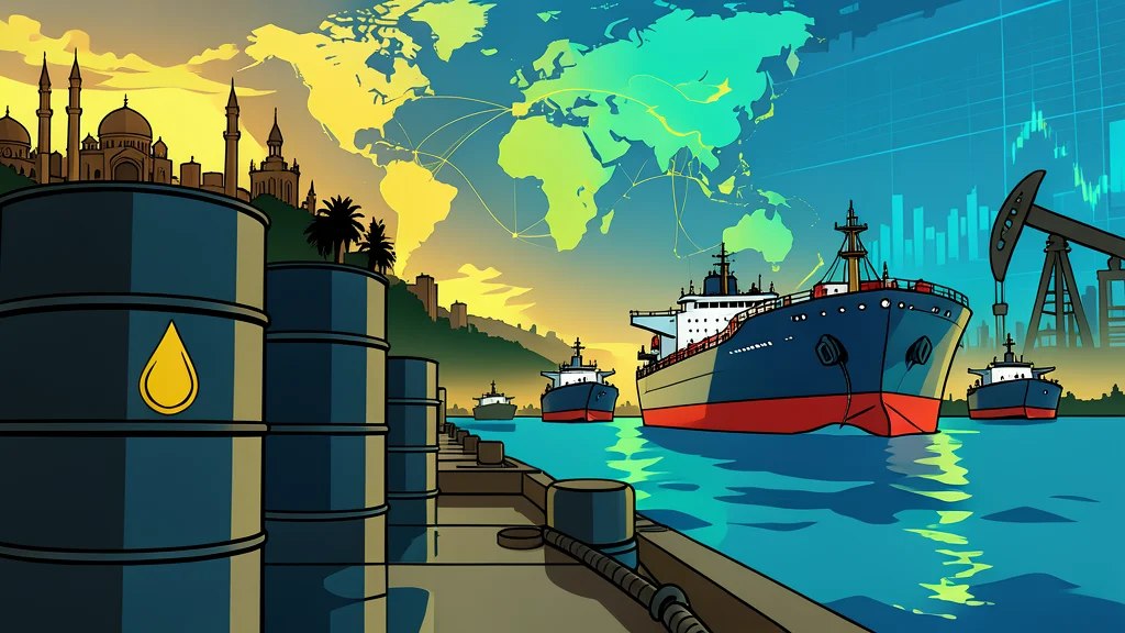 A large oil tanker ship floating on calm blue water near a coastal port facility