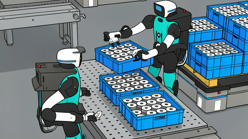 A flat-vector illustration of a bipedal humanoid robot standing next to a charging dock in a warehouse aisle.