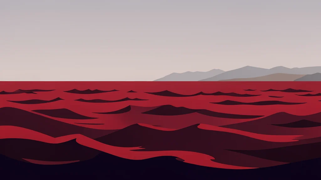 A turbulent stretch of the Red Sea with dark waves and a distant coastline under a hazy sky