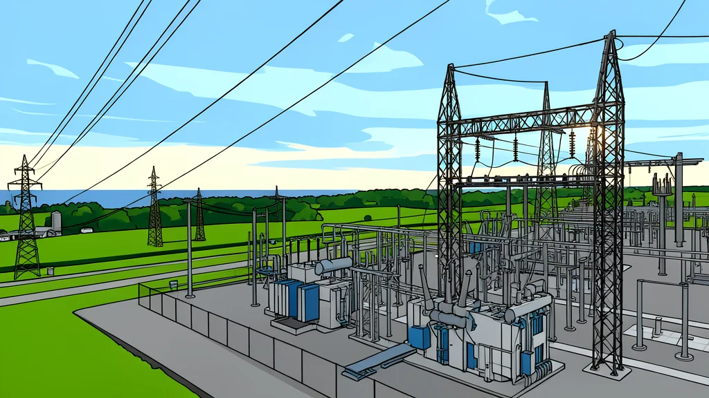 A high-voltage transmission tower standing in a grassy field under a clear sky