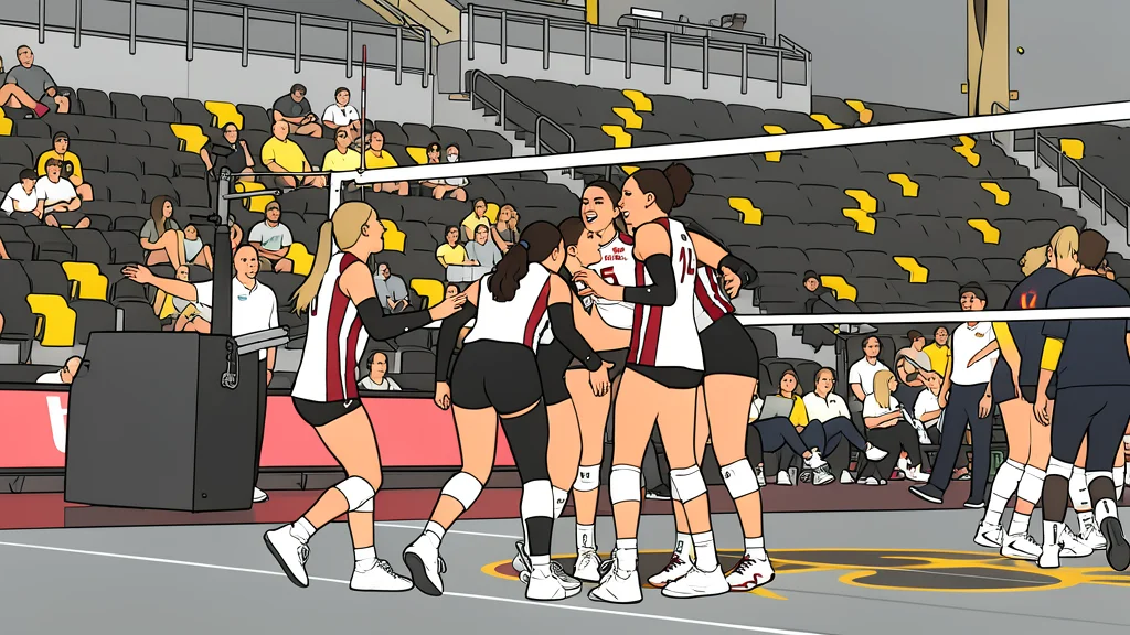 A white volleyball resting on a polished wooden gymnasium floor near a net post