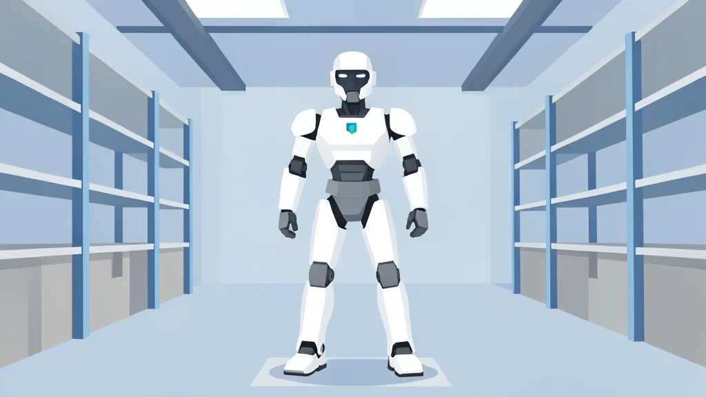 A flat vector illustration of a bipedal humanoid robot standing in a clean industrial warehouse aisle with soft blue and grey tones.