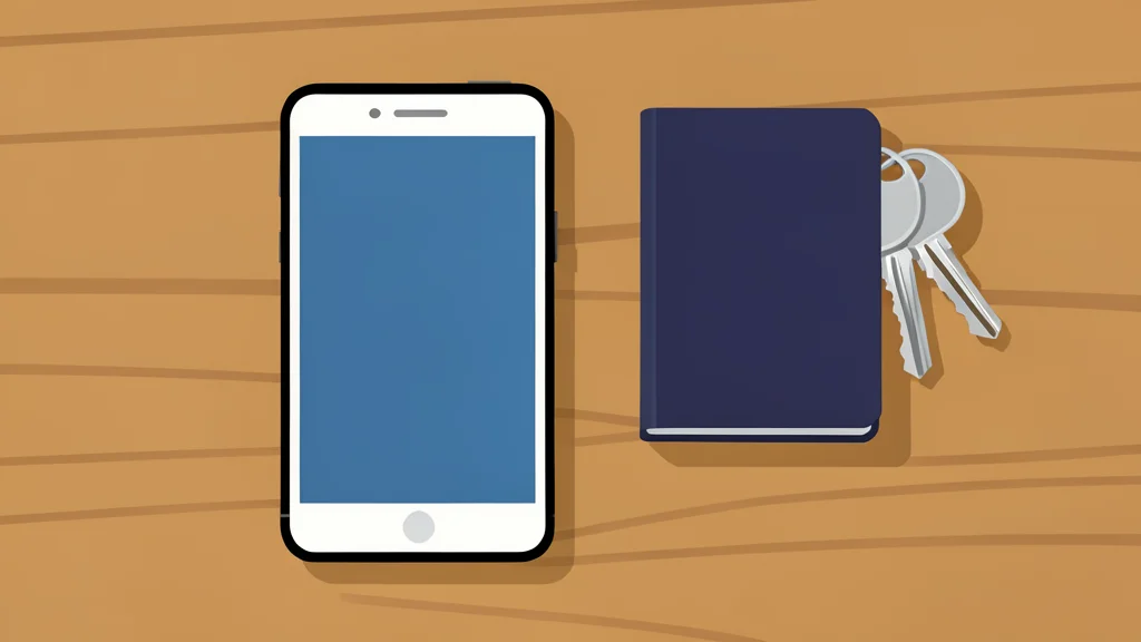 A smartphone resting on a wooden desk next to a physical passport and a set of keys