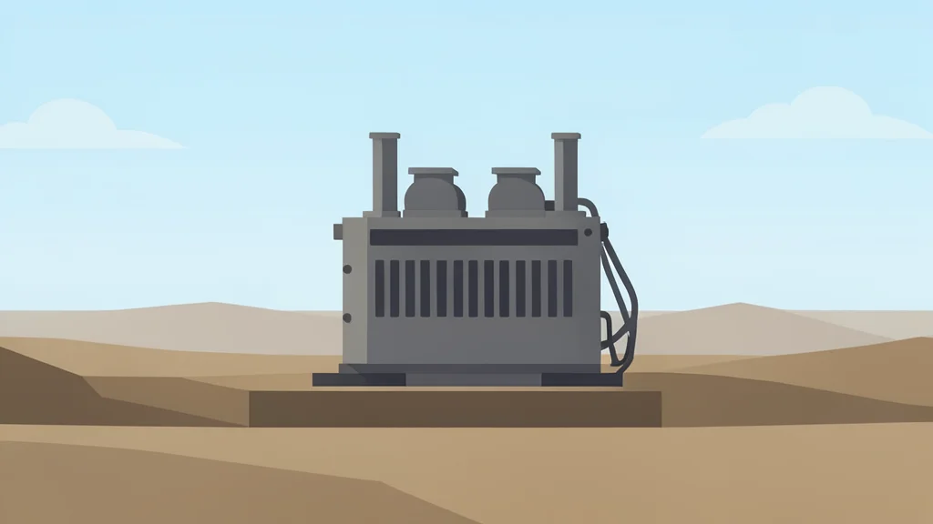 A large industrial power transformer standing alone in an open field