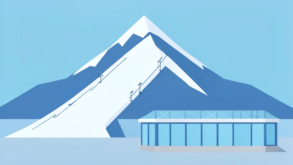 A snowy mountain peak with a ski slope and a modern ice rink building in the foreground