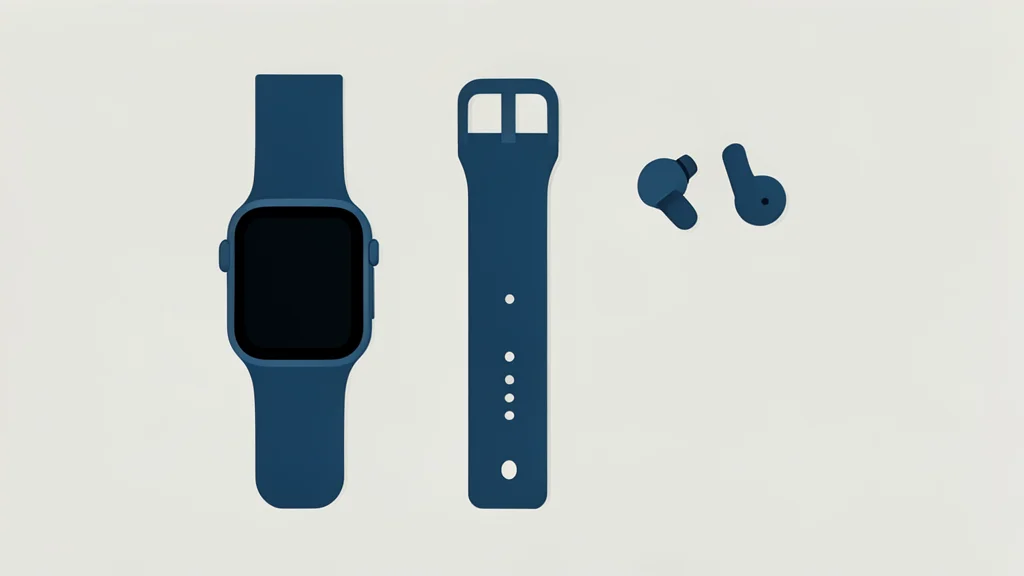 A flat vector illustration of a smartwatch, slim wristband, and wireless earbuds arranged on a clean surface