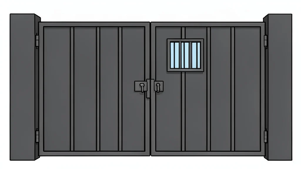A heavy metal prison gate with a small barred window set against a concrete wall.