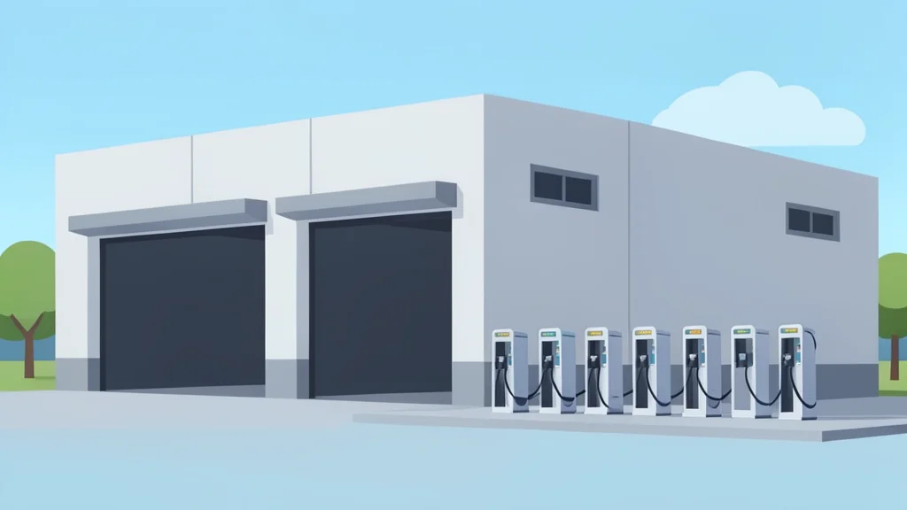 A modern industrial factory exterior with large loading bays and a row of electric vehicle charging stations in the foreground