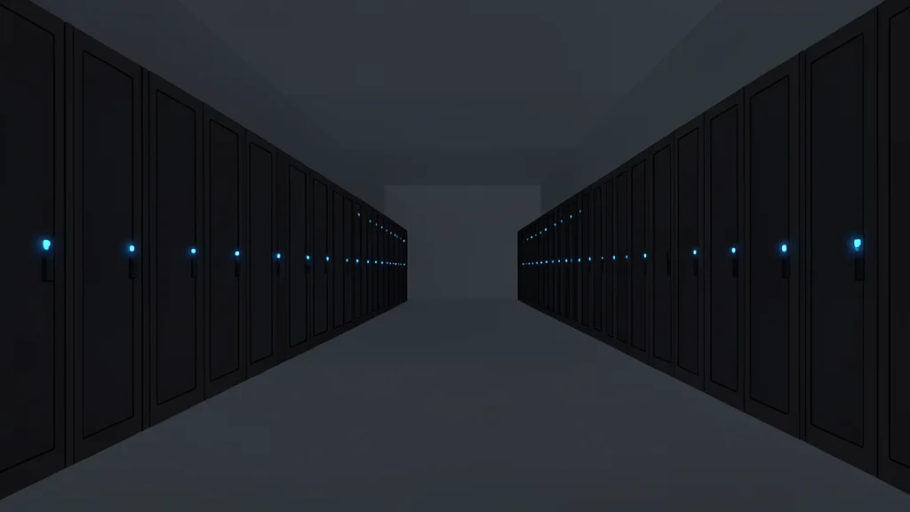 A vast, dimly lit server room with rows of tall, black metal cabinets and glowing blue status lights