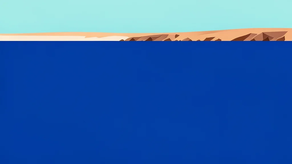 A wide expanse of deep blue sea water with a narrow strip of arid, rocky coastline in the distance