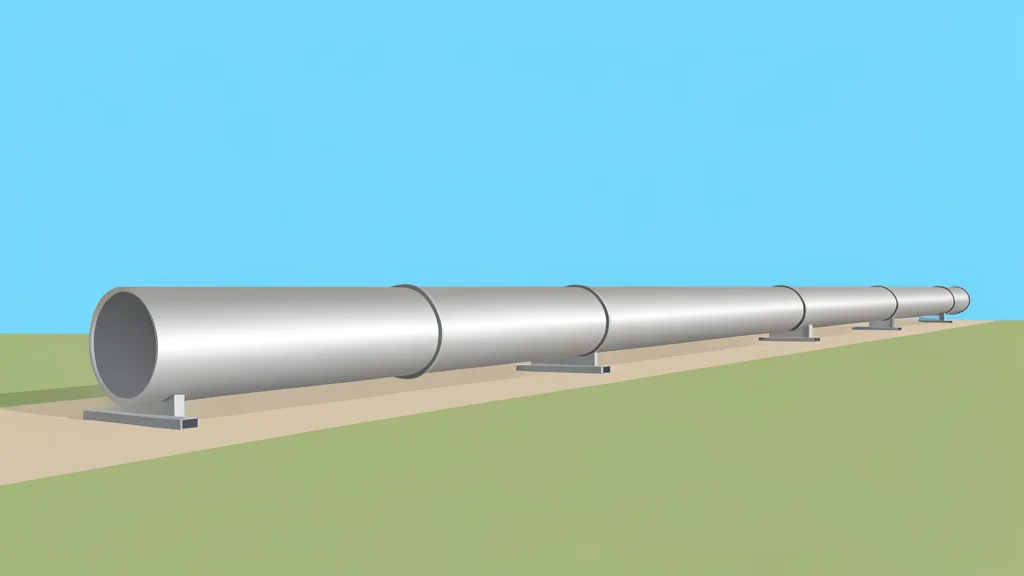 A long, silver metal pipeline stretching across a flat, open landscape under a clear sky
