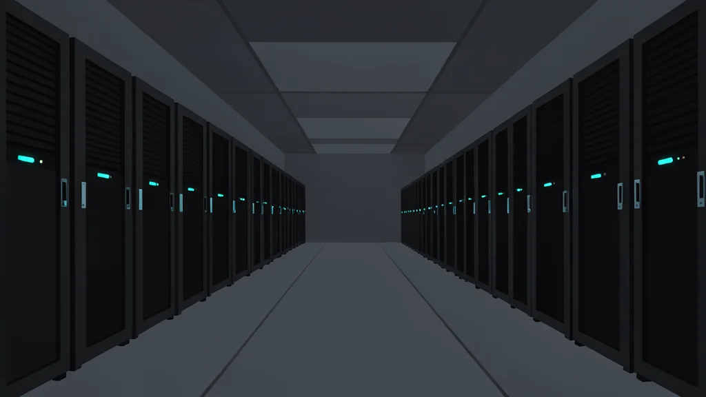 A vast, dimly lit server room with rows of tall, black metal cabinets and blinking status lights