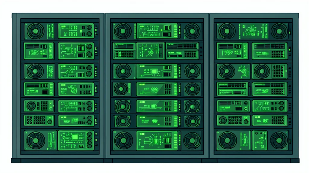 A large server rack filled with glowing green circuit boards and cooling fans