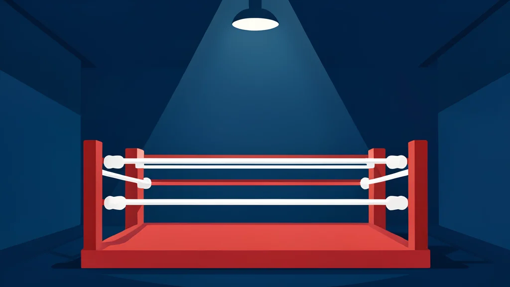 A red canvas boxing ring with white ropes set inside a dimly lit gymnasium