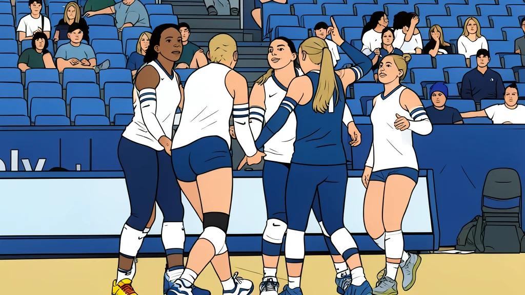 A white volleyball resting on a polished wooden gymnasium floor near a net post