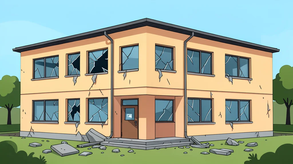 A damaged school building with broken windows and debris scattered on the ground