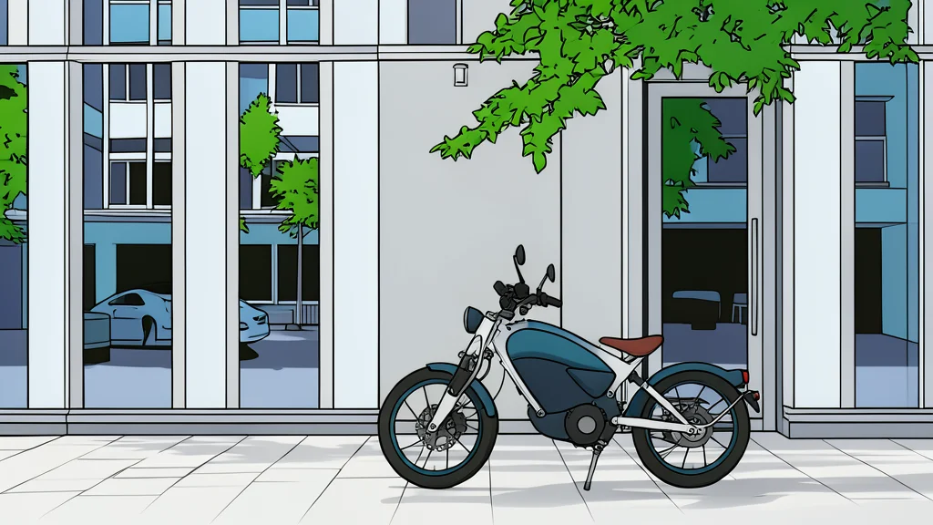 A retro-styled electric motorcycle with a small battery pack and belt drive mechanism parked on a city street