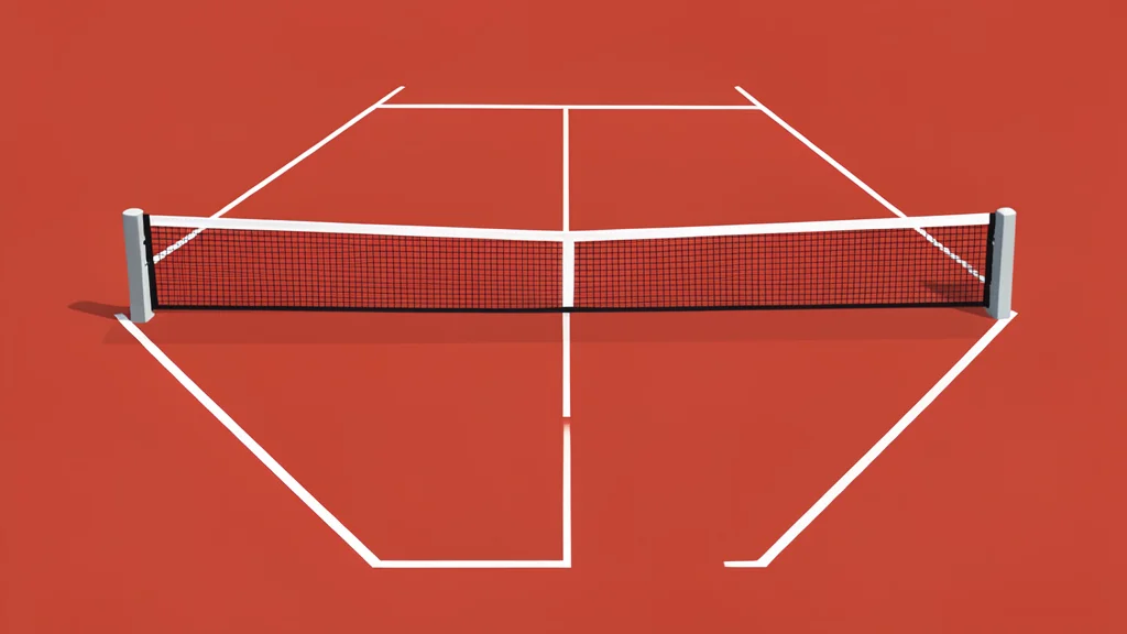 A red clay tennis court with white boundary lines and a net stretched across the center