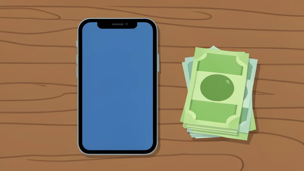 A smartphone resting on a wooden counter next to a stack of cash