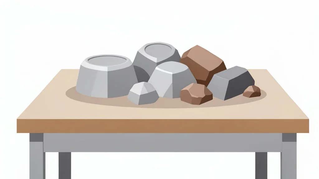 A cluster of metallic ingots and raw mineral ore samples arranged on a laboratory bench