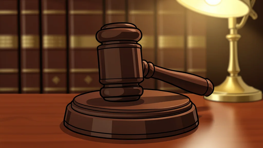 A gavel resting on a wooden sound block in a dimly lit courtroom