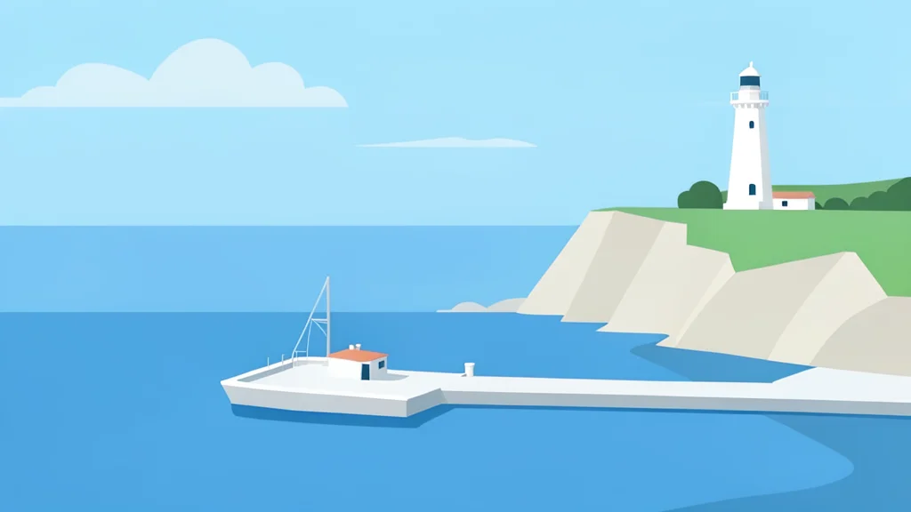 A calm Mediterranean coastline with a small harbor and a white lighthouse in the distance.