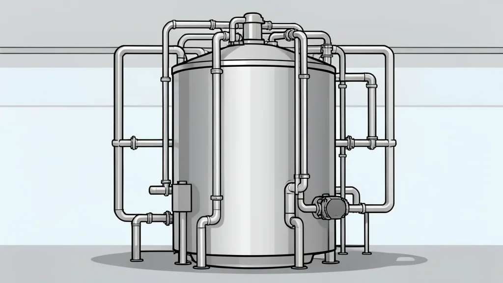 A large, cylindrical stainless steel containment vessel with a complex network of pipes and valves, situated in a sterile industrial facility.