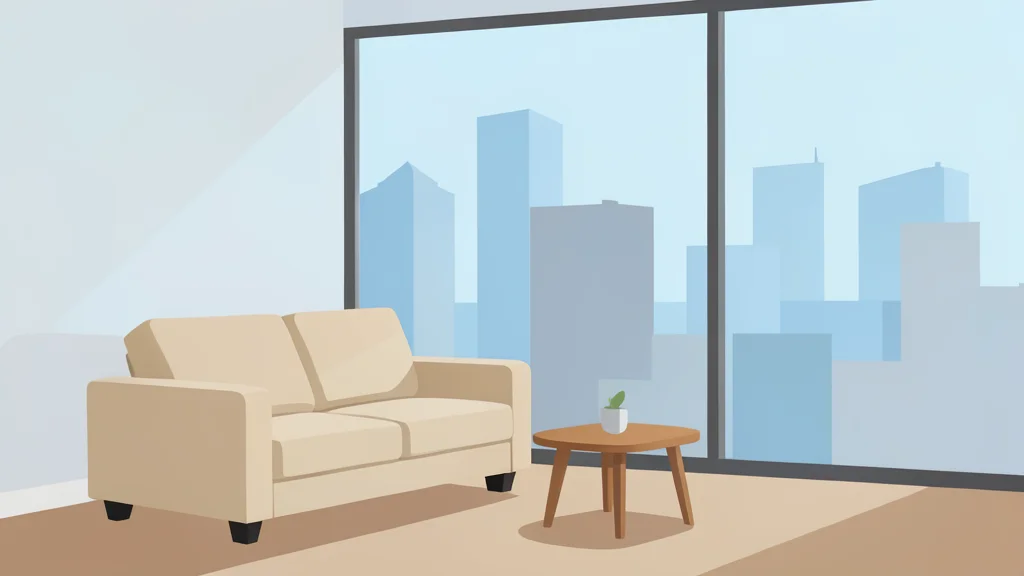A modern apartment interior with a comfortable sofa and a view of a city skyline through a large window