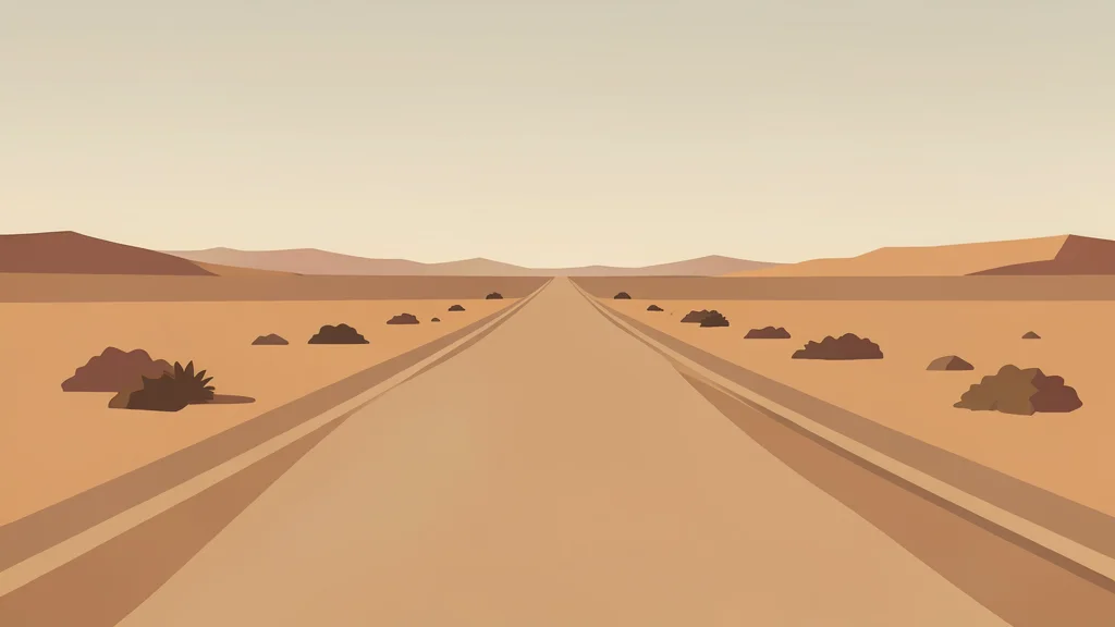 A dusty, unpaved road stretching across a dry, arid landscape under a hazy sky