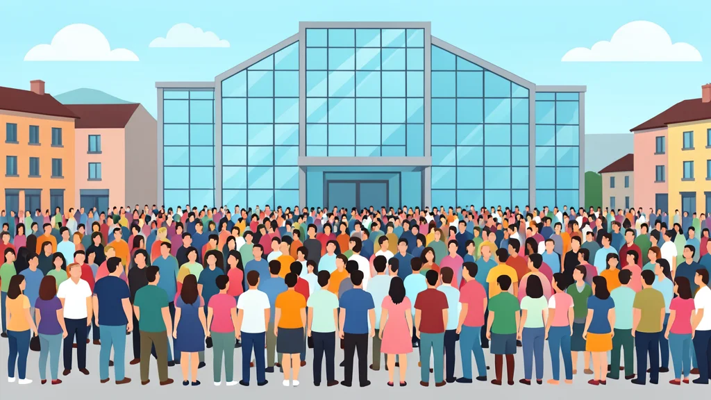 A large crowd of people standing in a public square in front of a modern glass building