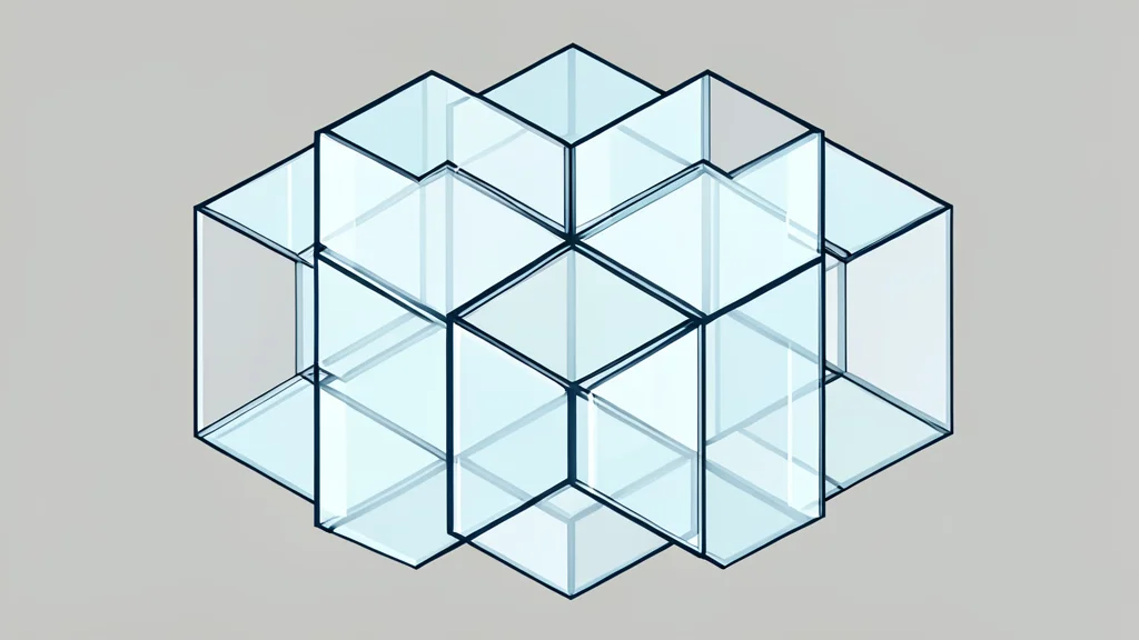 A complex geometric structure made of interlocking transparent glass cubes