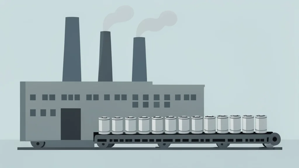 A flat-vector illustration of an industrial factory with smokestacks and a row of cylindrical battery cells on a conveyor belt.