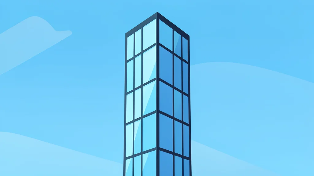 A modern glass skyscraper reflecting a clear blue sky