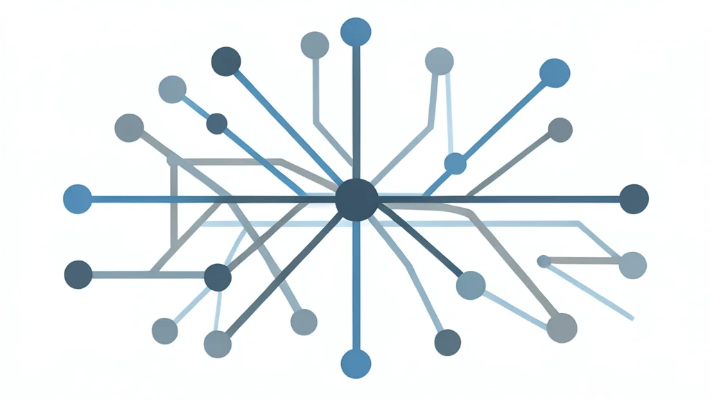 A complex network of interconnected nodes and lines representing digital infrastructure