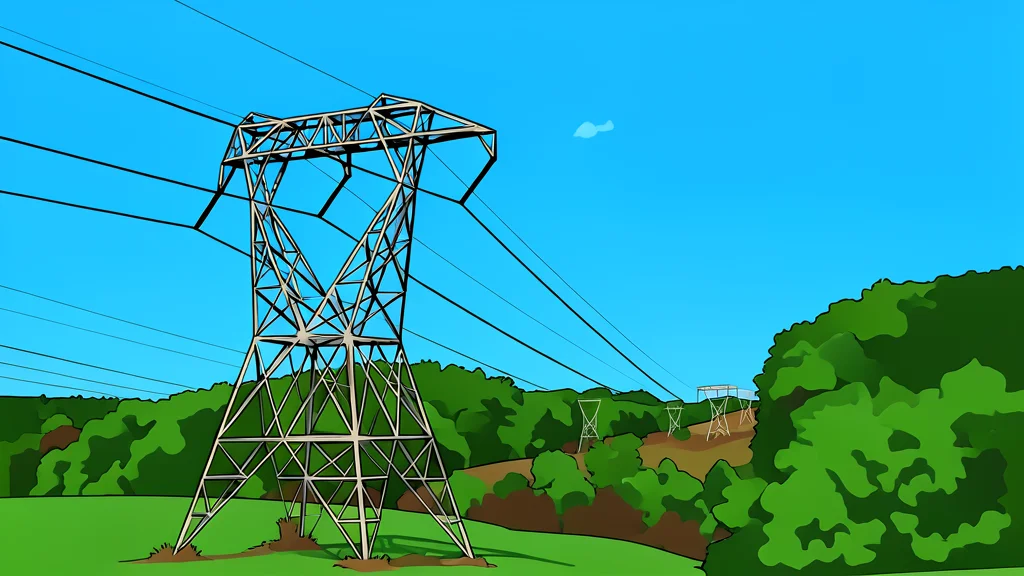 A high-voltage electrical transmission tower standing in a rural field with power lines stretching into the distance