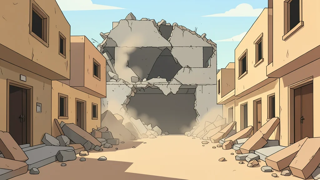 A dusty, sun-bleached street in a Middle Eastern city with a collapsed concrete building facade and scattered rubble