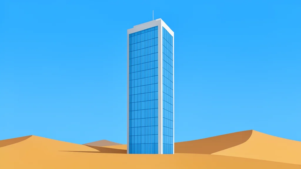 A modern glass skyscraper rising from a desert landscape under a clear blue sky