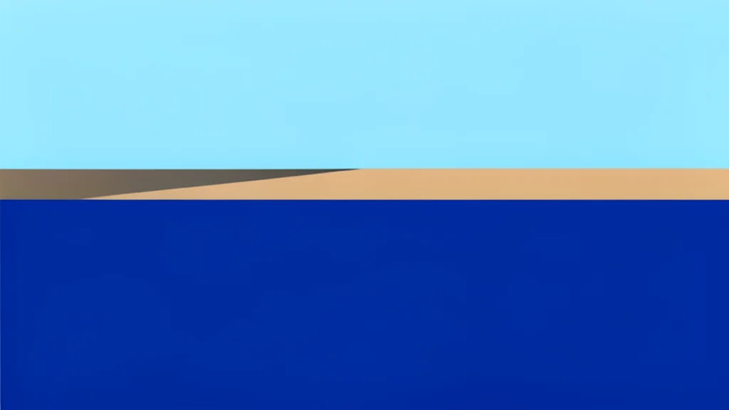 A wide expanse of deep blue sea water with a narrow strip of arid land in the distance