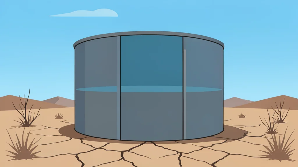 A large underground cylindrical storage tank partially filled with liquid, situated in a dry, arid landscape under a bright sun.