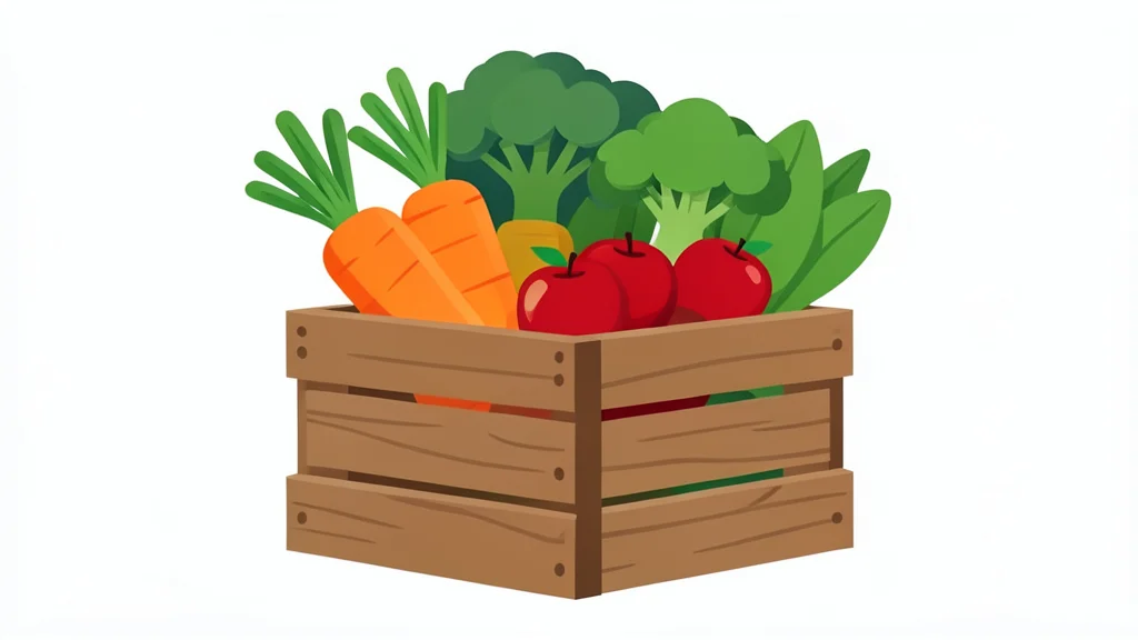 A wooden crate filled with fresh vegetables and fruits