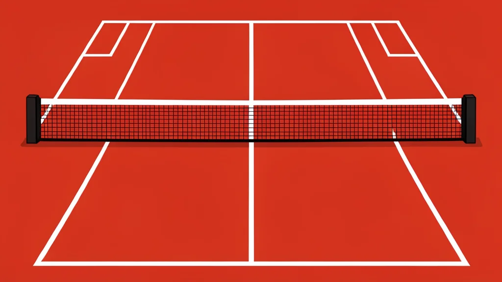 A close-up view of a red clay tennis court surface with white boundary lines and a net in the foreground.
