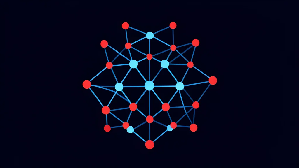 A complex lattice of glowing blue and red nodes connected by thin lines, representing a quantum circuit or atomic structure, floating in a dark void.