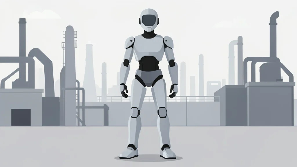 A flat-vector illustration of a humanoid robot standing in a modern industrial factory setting.